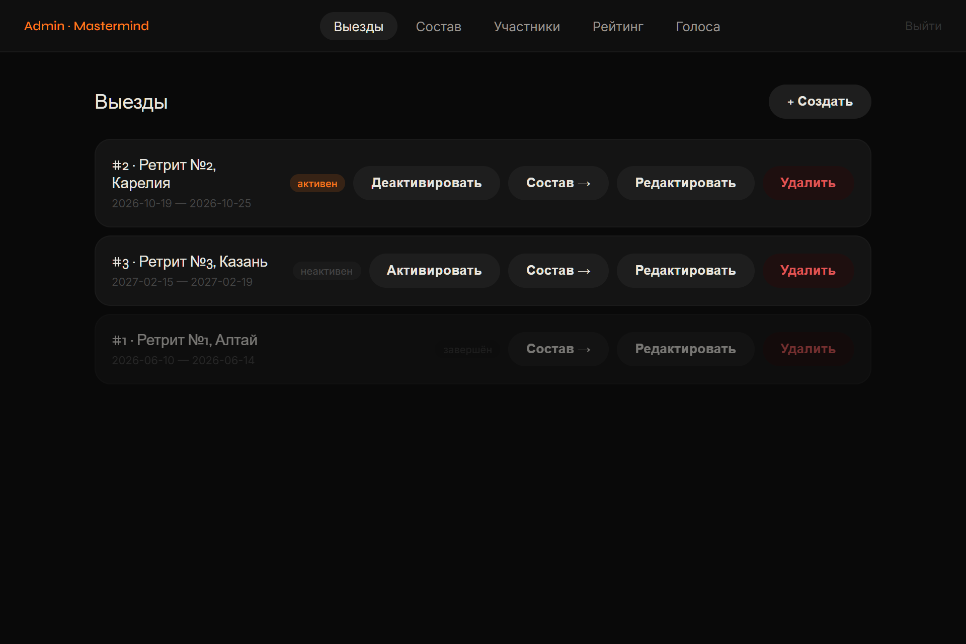 Admin list of offsites: active, upcoming and finished, with buttons to activate, open the roster, edit and delete